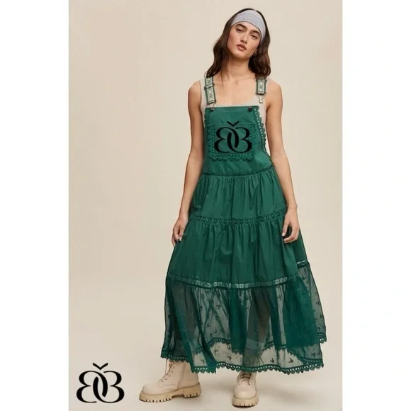 Listicle Dresses | Listicle Forest Green Lace Embroidered Maxi Skirtall | Boho Overall Jumper | Color: Green | Size: M | Beatnikboho's Closet